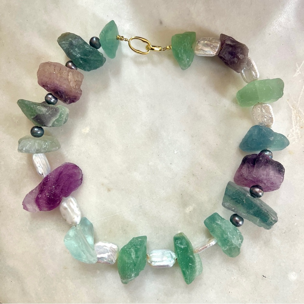 Freshwater Pearl, Fluorite, Amethyst Beaded Collar Necklace